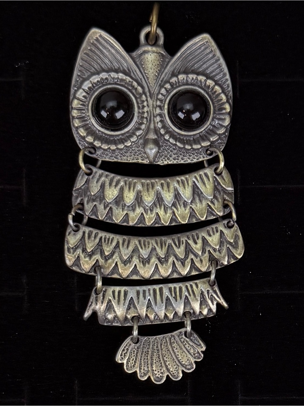 Vintage Brasstone Black Large Hinged Owl Pendant Necklace